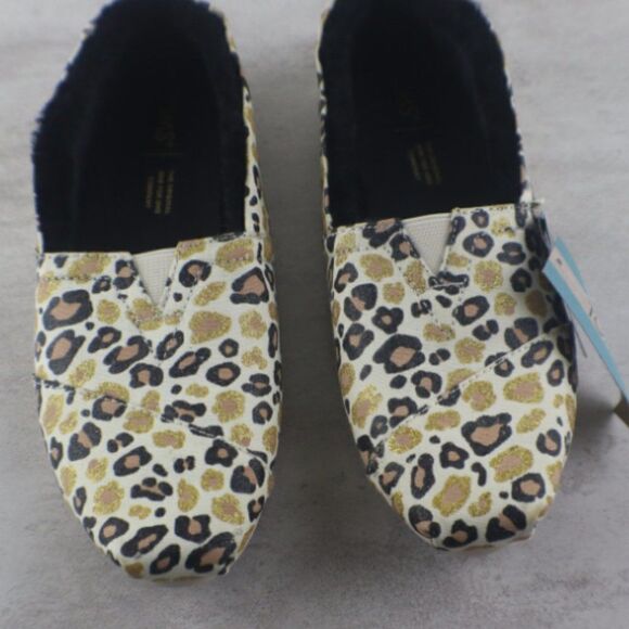 TOMS Alpargata Women Size 7 Natural Gold Glitter Cheetah Slip On Fuax Fur Flats - Picture 2 of 10
